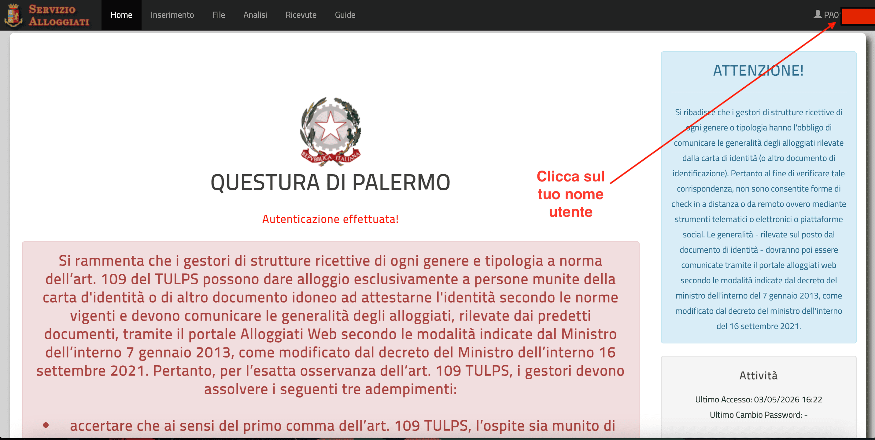 Home del portale Alloggiati Web (Questura di Palermo) con freccia che indica il nome utente in alto a destra
