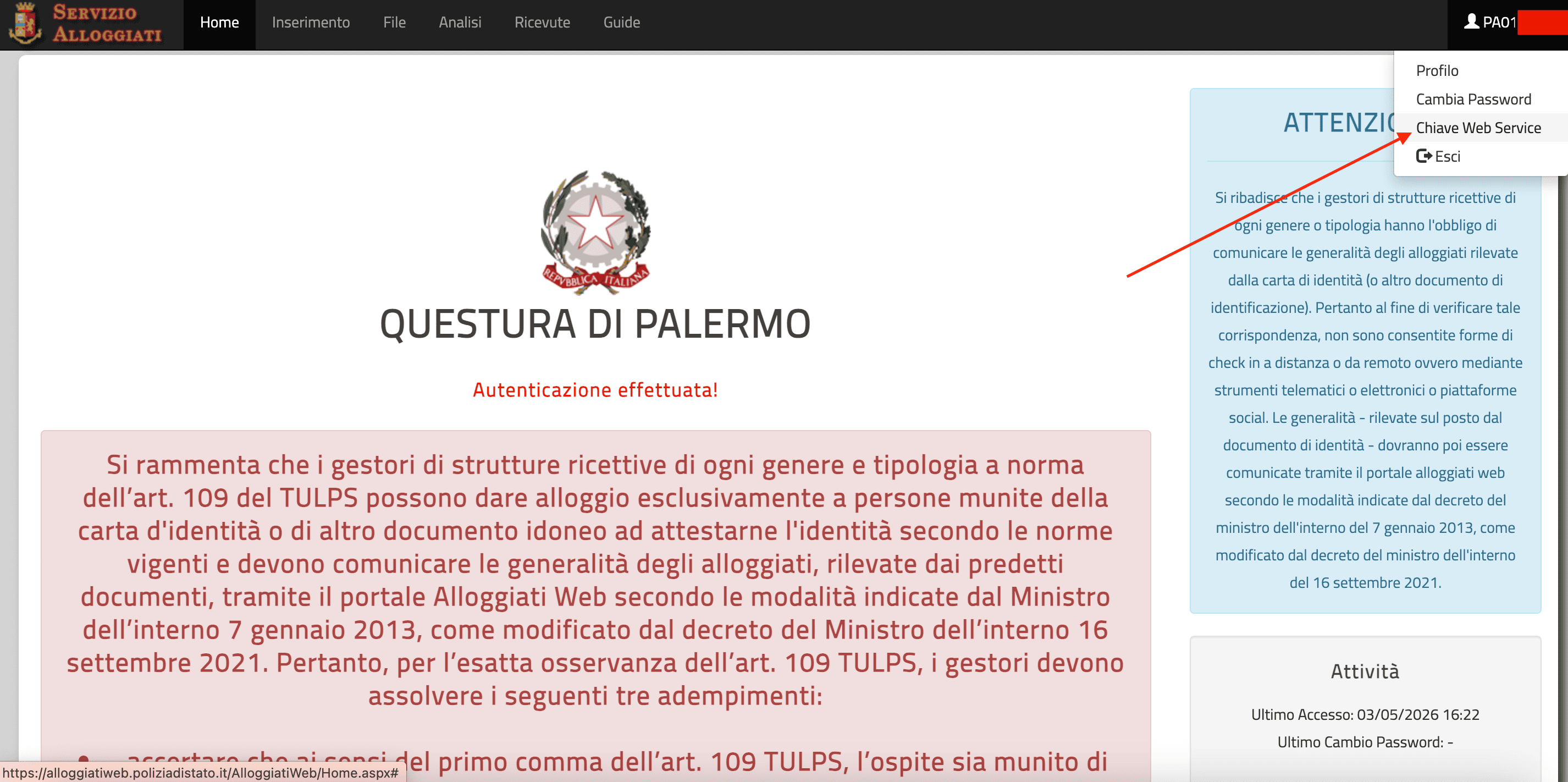 Menu utente aperto con quattro voci: Profilo, Cambia Password, Chiave Web Service, Esci