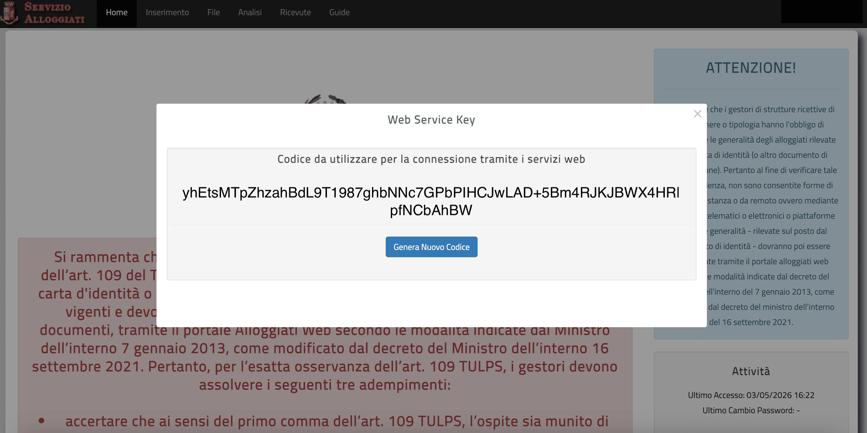 Finestra Web Service Key con la chiave alfanumerica visibile e il bottone Genera Nuovo Codice